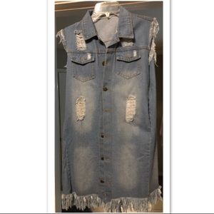 Denim sleeves fringe jacket w/pockets